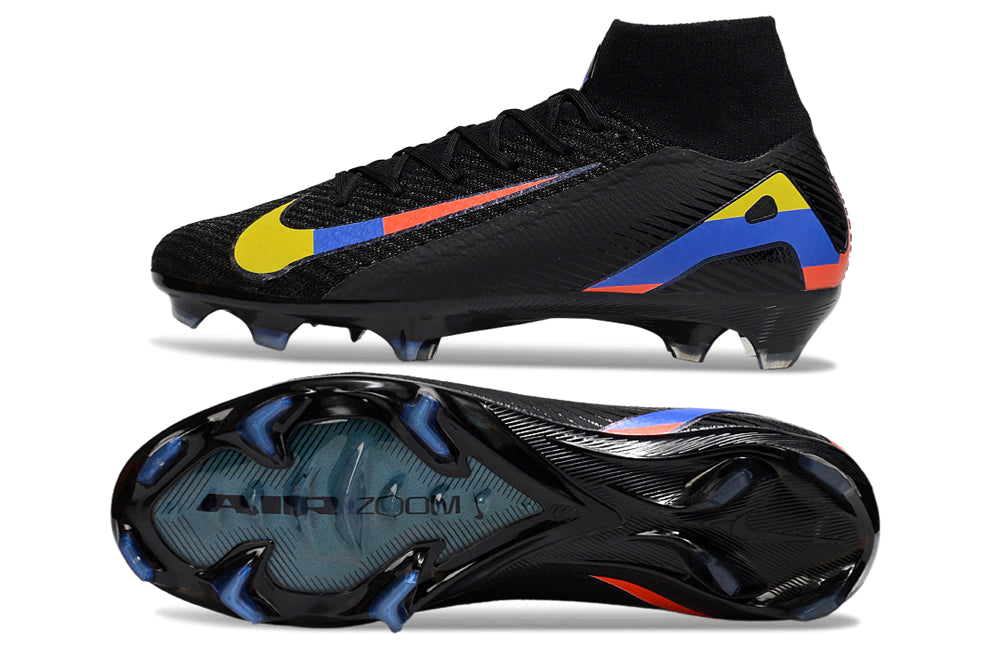 Chuteira Nike Air Zoom Mercurial Superfly 10 Elite Campo - Preto/Amarelo/Azul/Vermelho