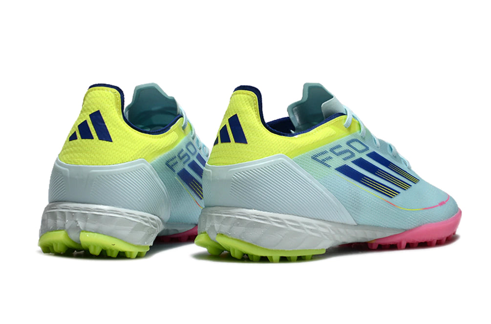 Chuteira Adidas X F50 Elite Society - Azul Claro/Rosa/Verde