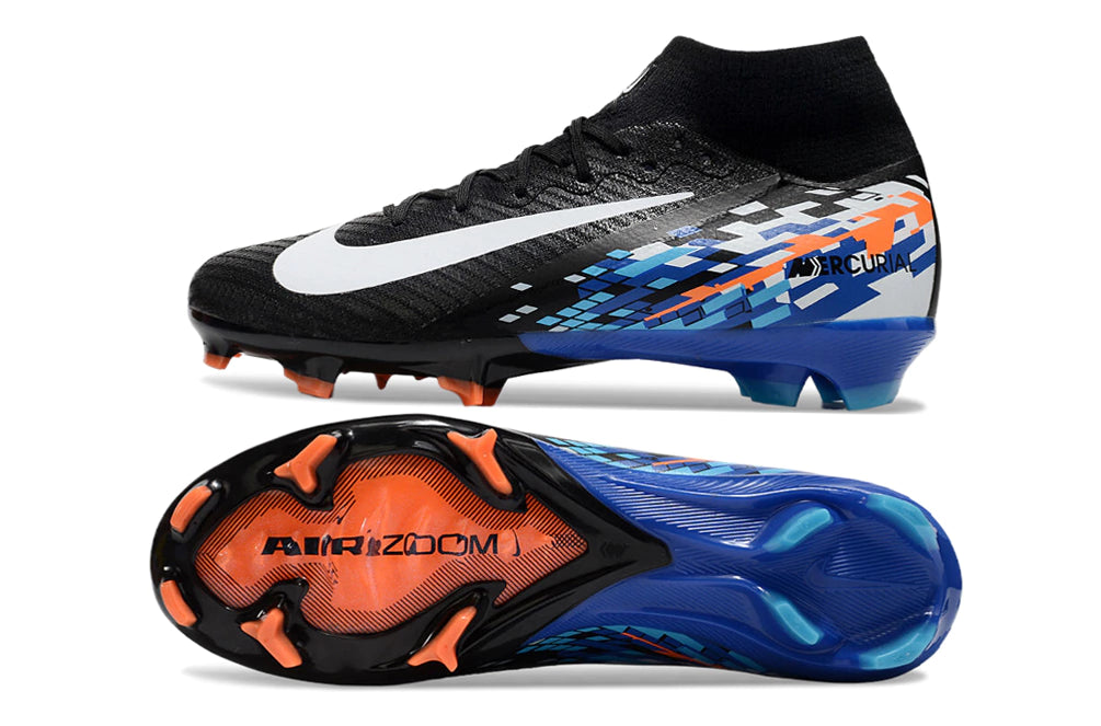 Chuteira Nike Air Zoom Mercurial Superfly 10 Elite Campo - Preto/Branco/Azul/Laranja