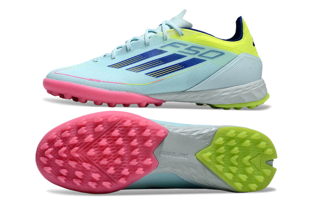 Chuteira Adidas X F50 Elite Society - Azul Claro/Rosa/Verde