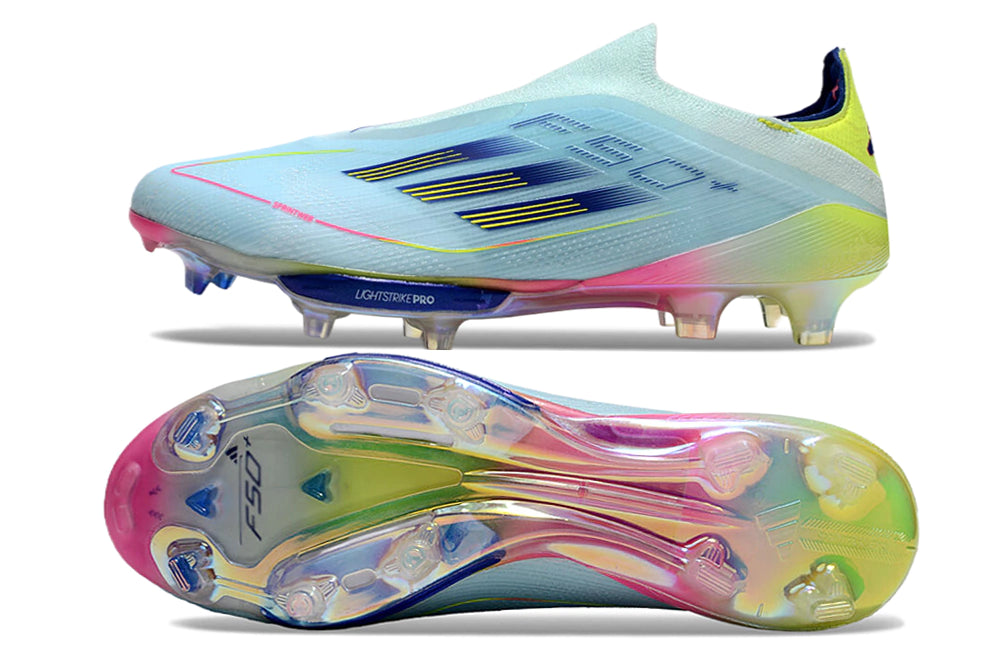 Chuteira Adidas F50+ Elite Campo - Azul claro/Rosa/Verde