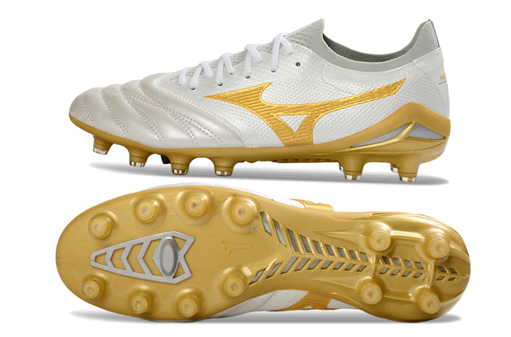Chuteira Mizuno Morelia Neo 4 Campo - Branco/Dourado