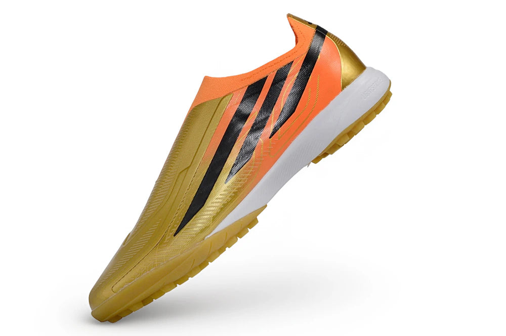 Chuteira Adidas F50 Hyperfast Laceless TF - Laranja/Dourda