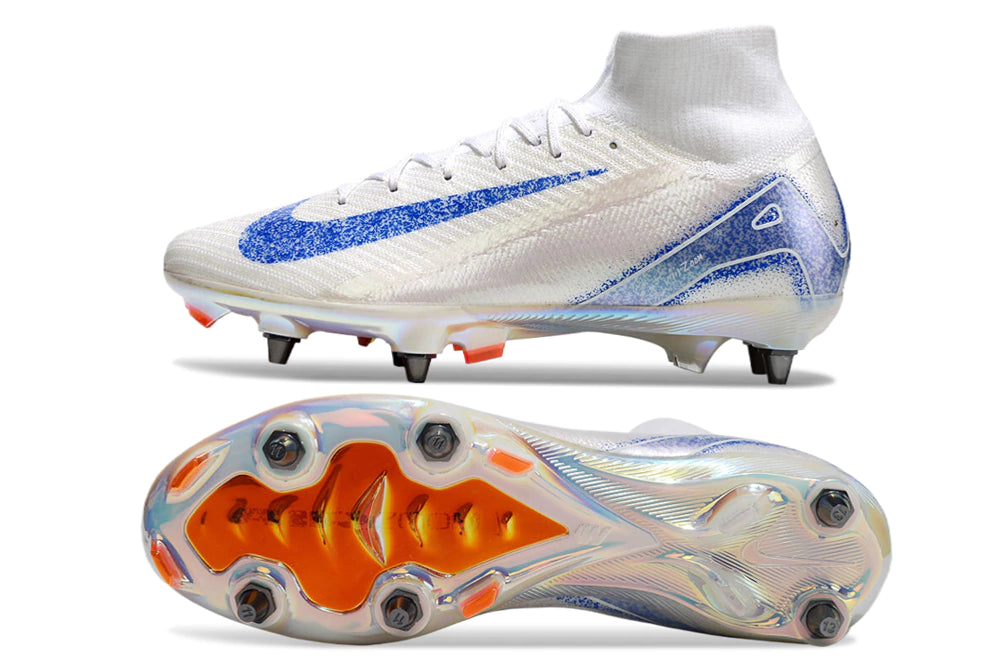 Chuteira Nike Air Zoom Mercurial Superfly 10 Elite SG - Branco/Azul/Laranja