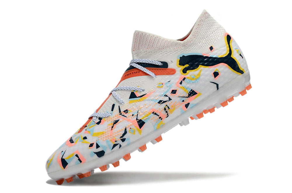 Chuteira Puma Future 7 Match MG - Branco/Laranja/Amarelo