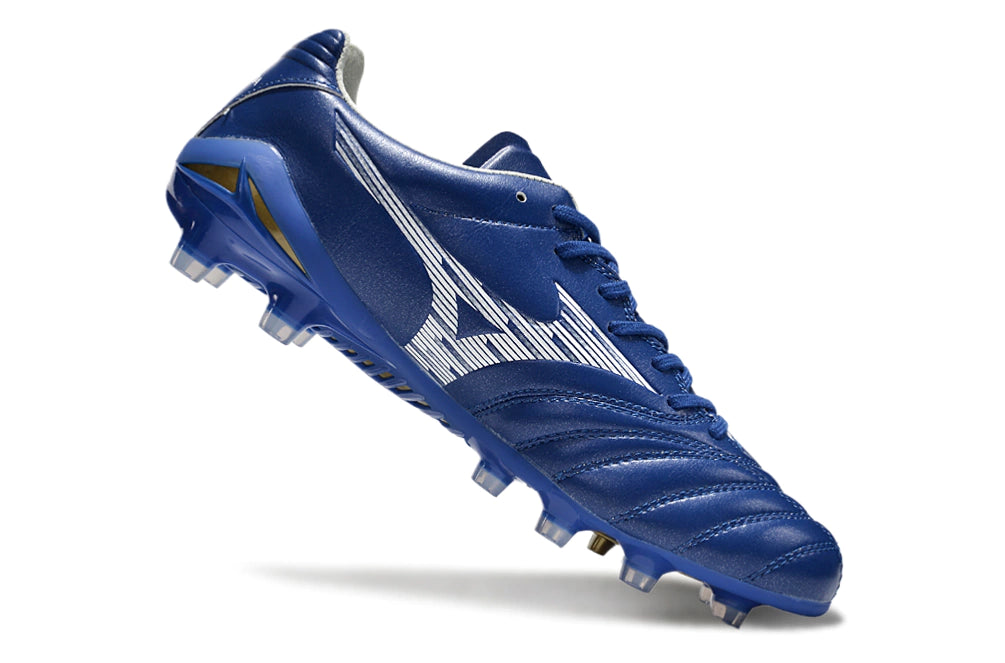 Chuteira Mizuno Morelia Neo 4 Campo - Azul/Branco/Dourado