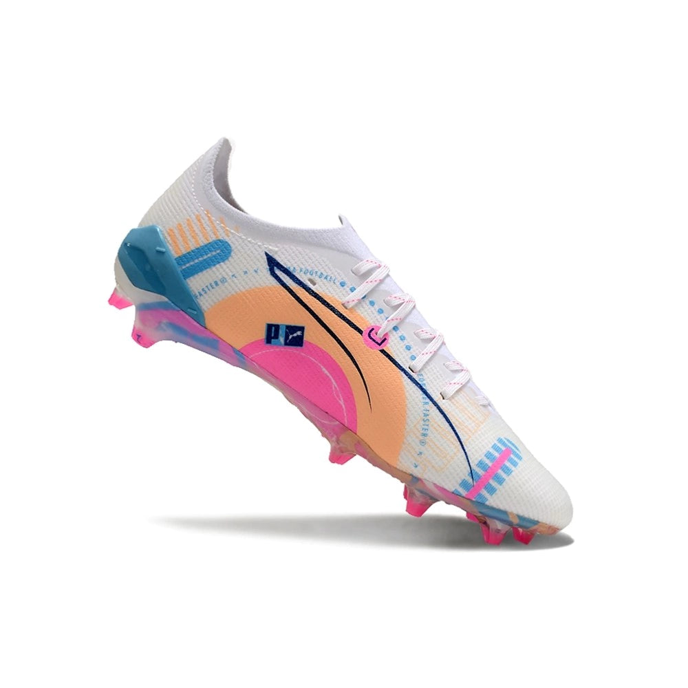Chuteira Puma Ultra 5 Campo FG - Branco/Azul/Rosa