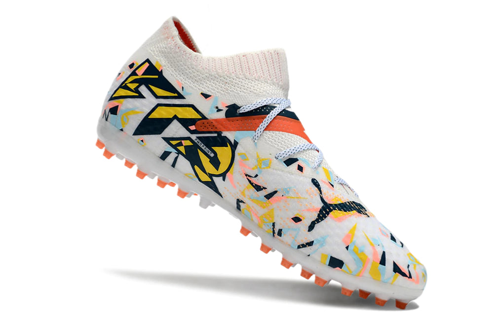 Chuteira Puma Future 7 Match MG - Branco/Laranja/Amarelo