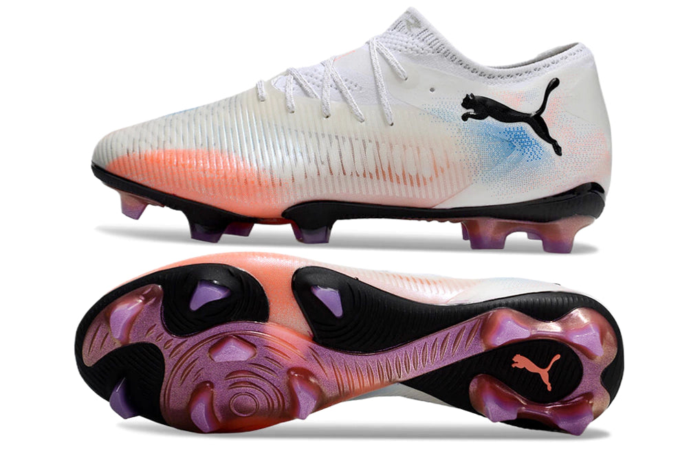 Chuteira Puma Future 8 Ultimate Low Campo FG - Branco/Preto/Rosa/Azul