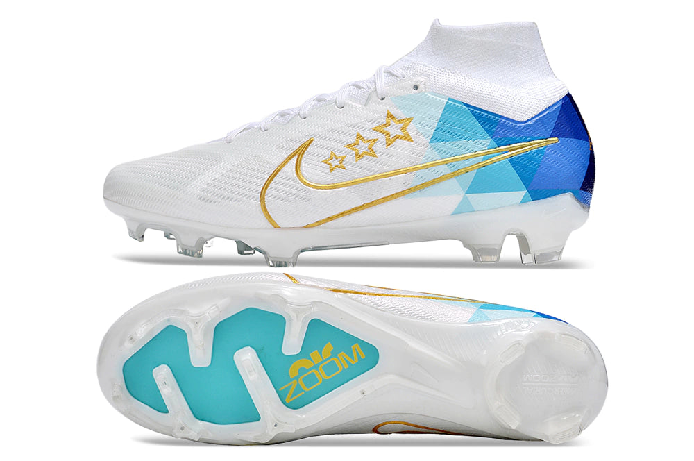 Chuteira Nike Air Zoom Mercurial Superfly 9 Elite Campo - Branco/Azul