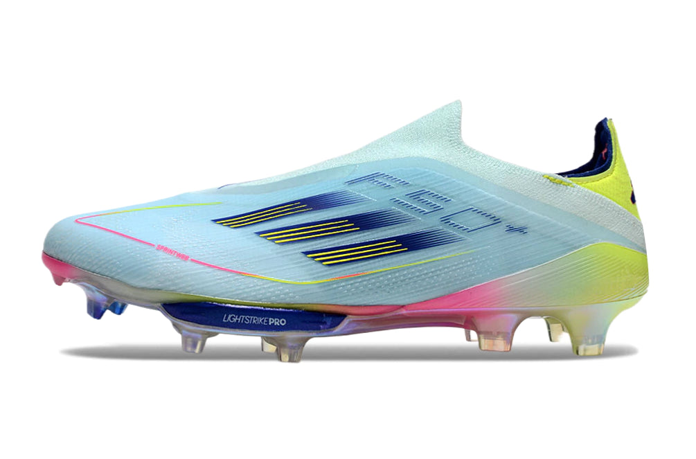 Chuteira Adidas F50+ Elite Campo - Azul claro/Rosa/Verde