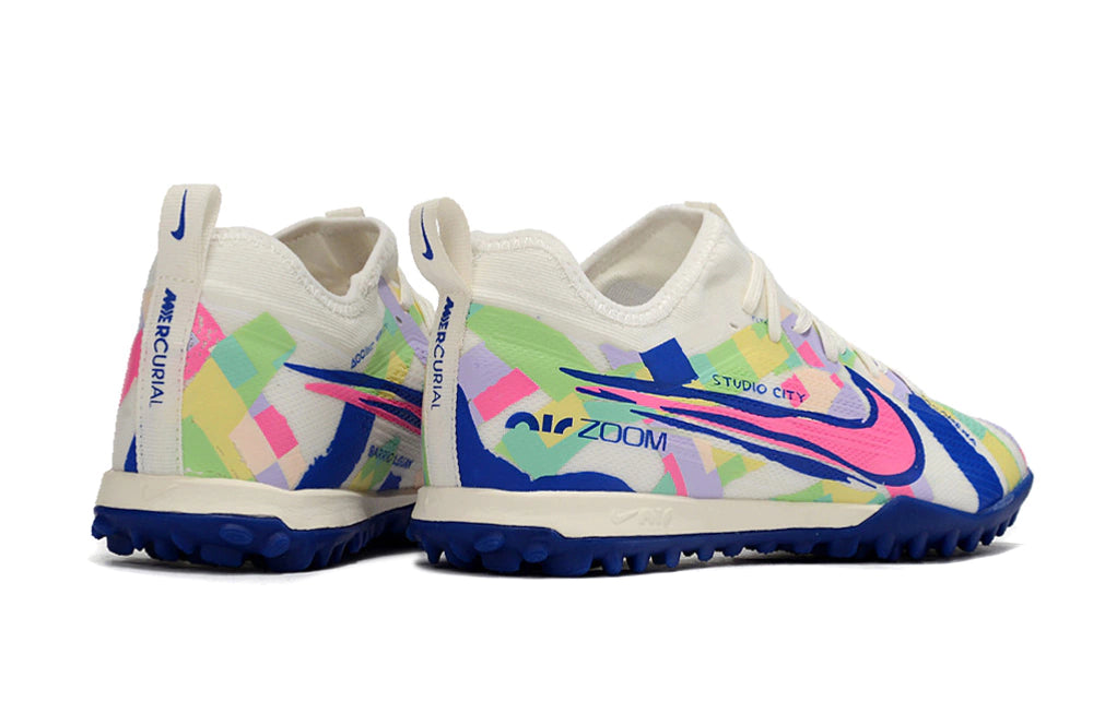 Chuteira Nike Mercurial Vapor 15 Pro Society - Branco/Azul/Verde/Rosa