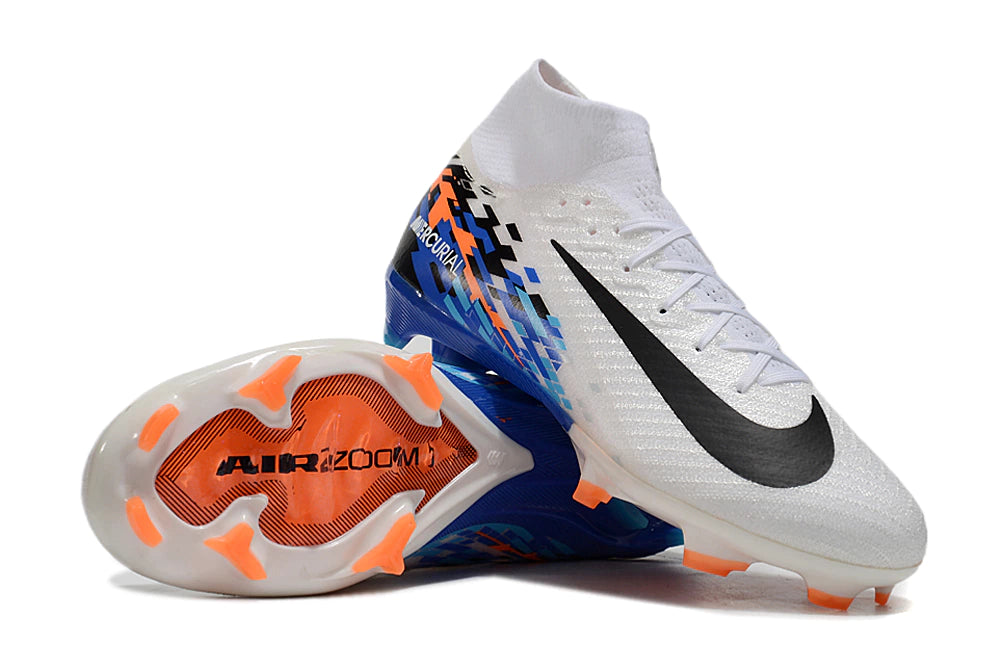 Chuteira Nike Air Zoom Mercurial Superfly 10 Elite Campo - Branco/Preto/Azul/Laranja