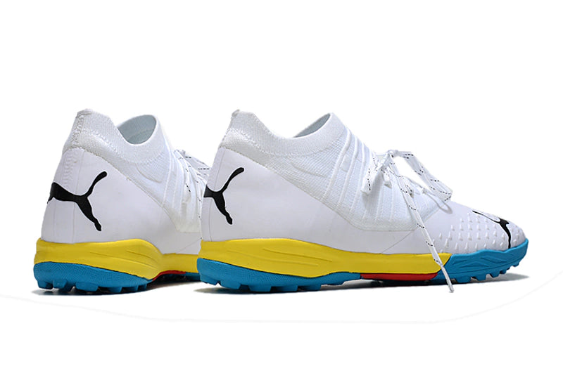 Chuteira Puma Future Z 1.4 Pro Cage Society - Branco/Amarelo/Azul