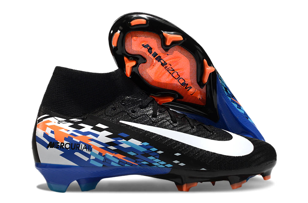 Chuteira Nike Air Zoom Mercurial Superfly 10 Elite Campo - Preto/Branco/Azul/Laranja