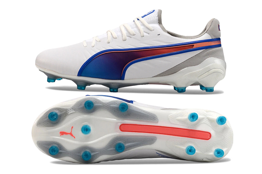 Chuteira Puma King Ultimate X FG - Branco/Azul/Laranja