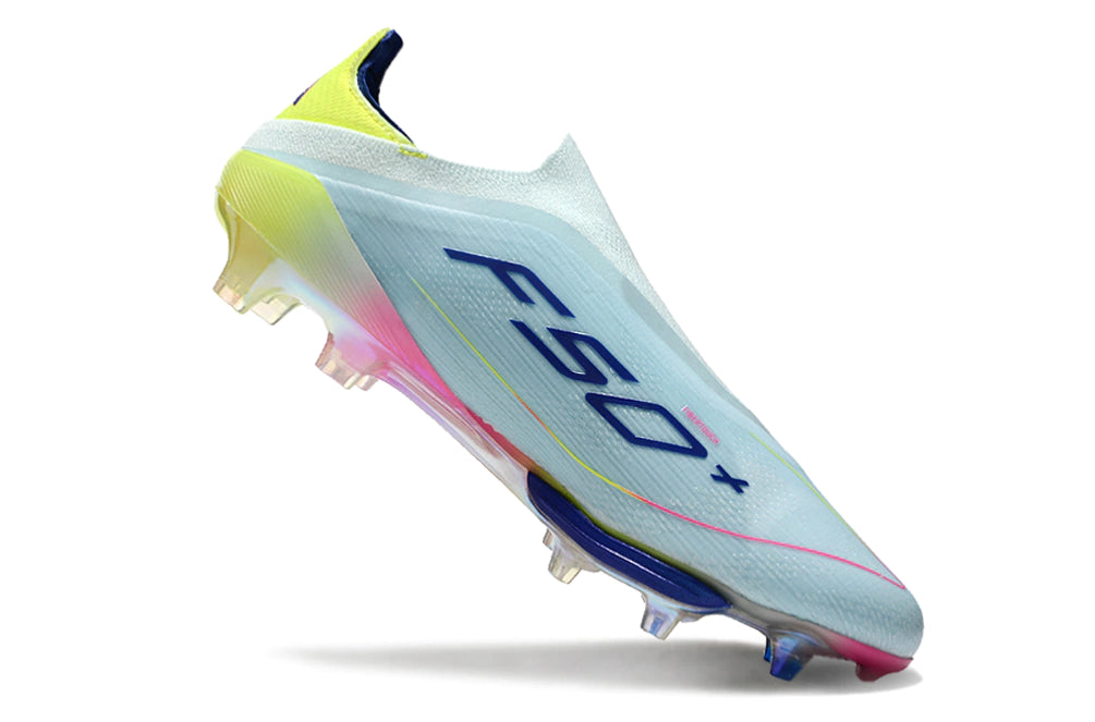 Chuteira Adidas F50+ Elite Campo - Azul claro/Rosa/Verde