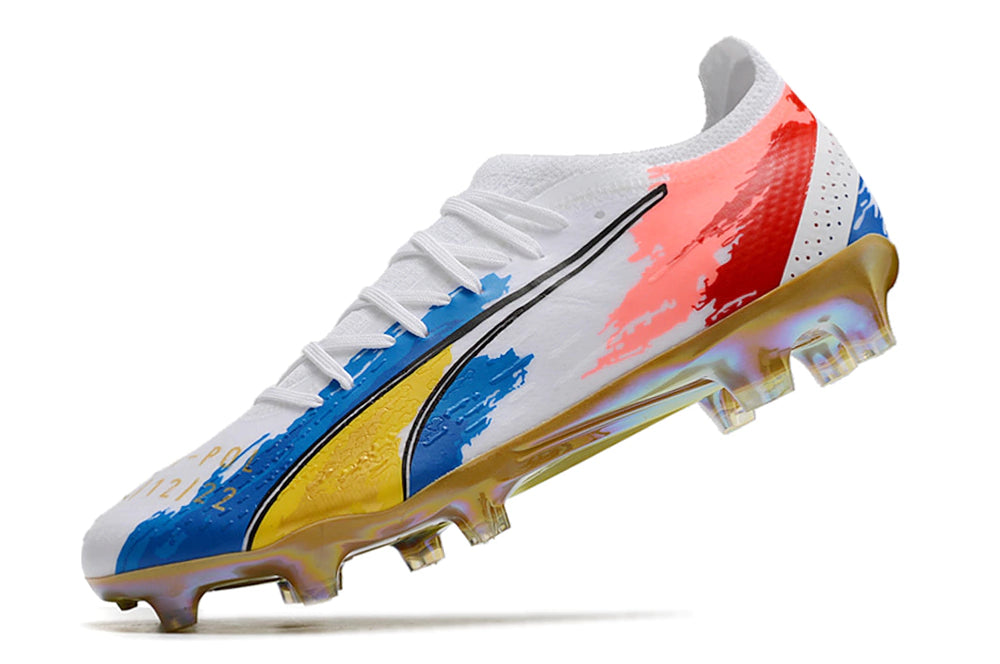 Chuteira Puma Ultra 5 Campo FG - Branco/Azul/Vermelho