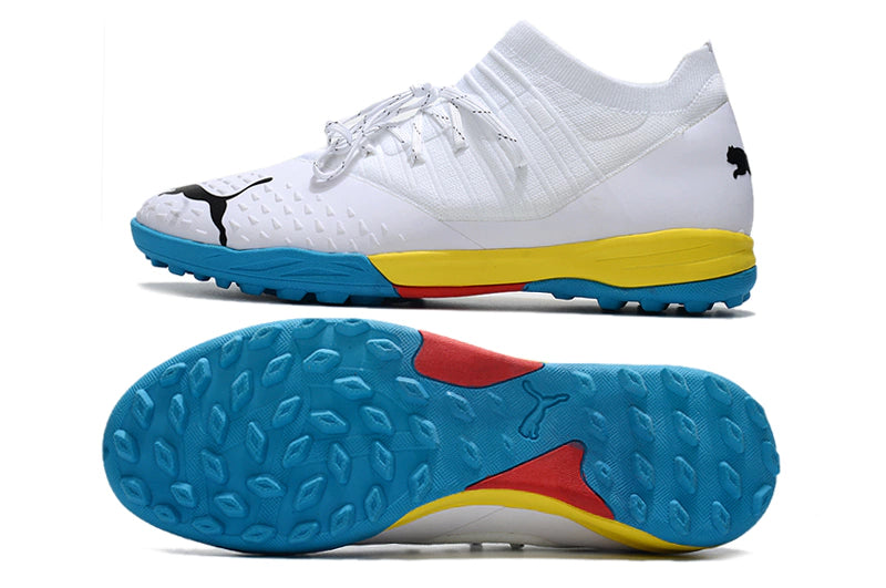 Chuteira Puma Future Z 1.4 Pro Cage Society - Branco/Amarelo/Azul