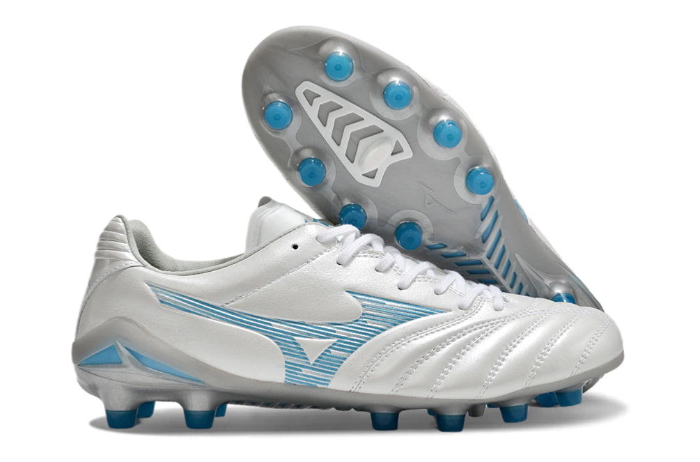 Chuteira Mizuno Morelia Neo 4 Campo - Branco/Azul/Cinza