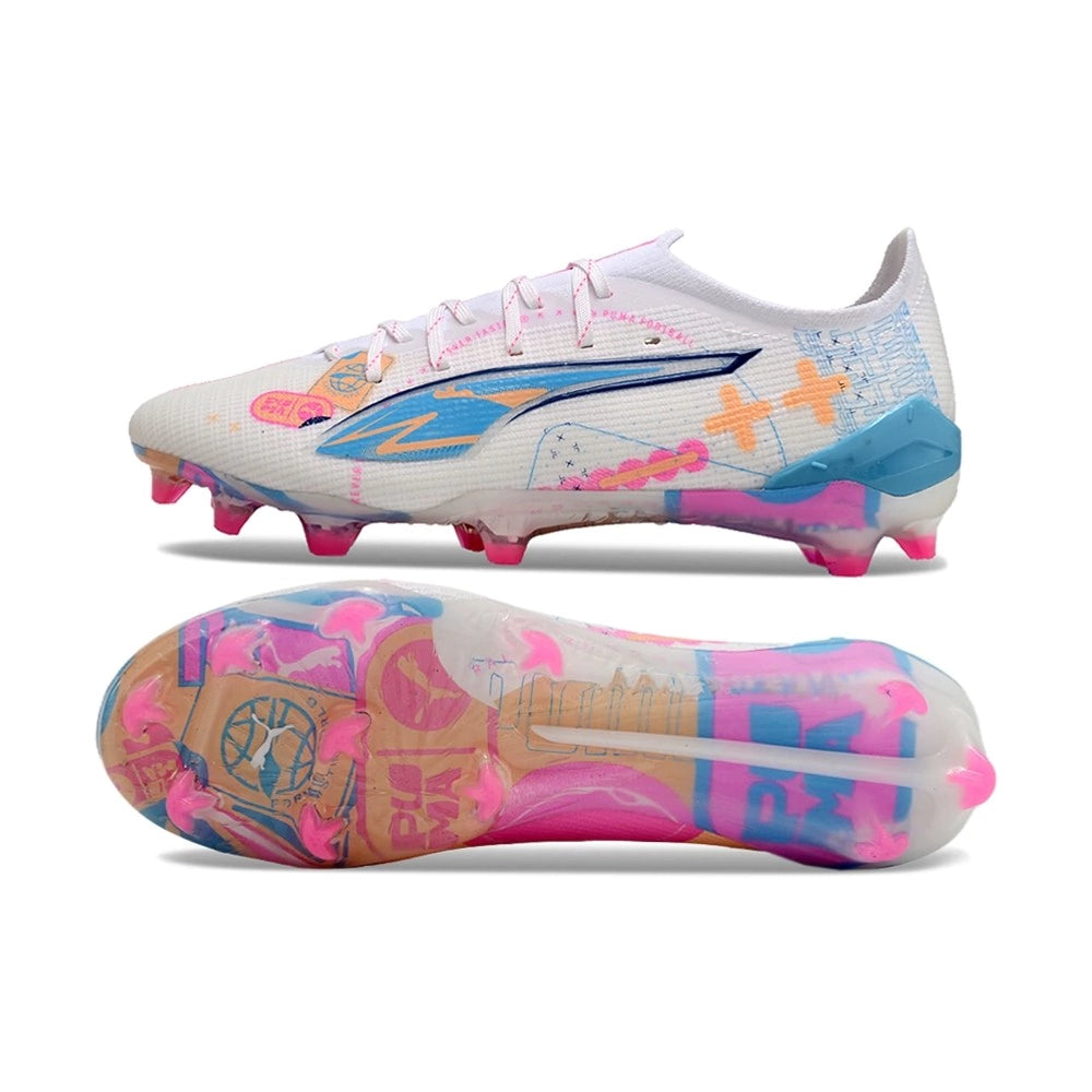 Chuteira Puma Ultra 5 Campo FG - Branco/Azul/Rosa
