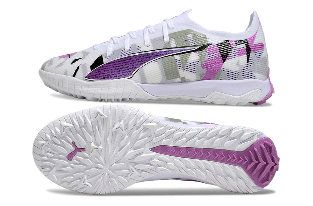 Chuteira Puma Ultra 5 Pro Cage Society - Branco/Preto/Rosa