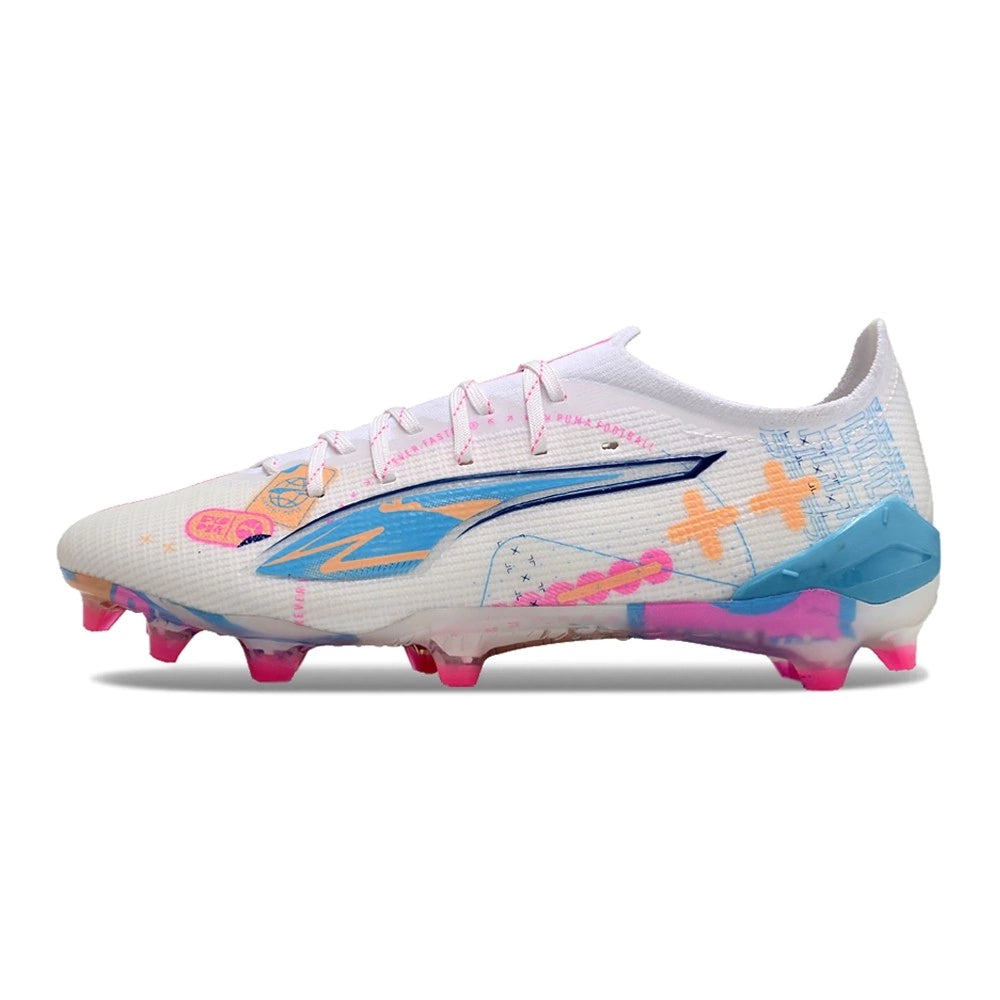 Chuteira Puma Ultra 5 Campo FG - Branco/Azul/Rosa