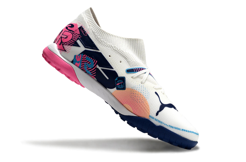 Chuteira Puma Future 7 Match Society - Branco/Rosa/Azul
