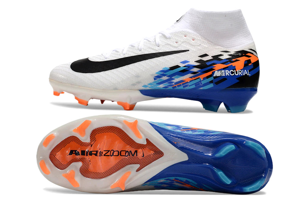 Chuteira Nike Air Zoom Mercurial Superfly 10 Elite Campo - Branco/Preto/Azul/Laranja
