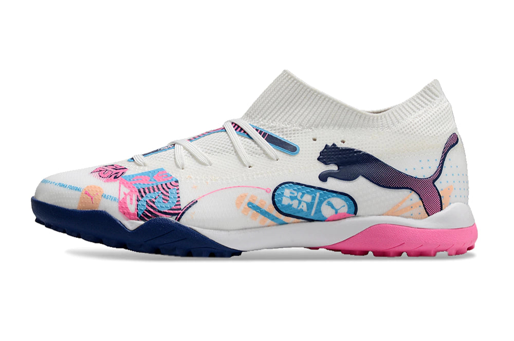 Chuteira Puma Future 7 Match Society - Branco/Rosa/Azul