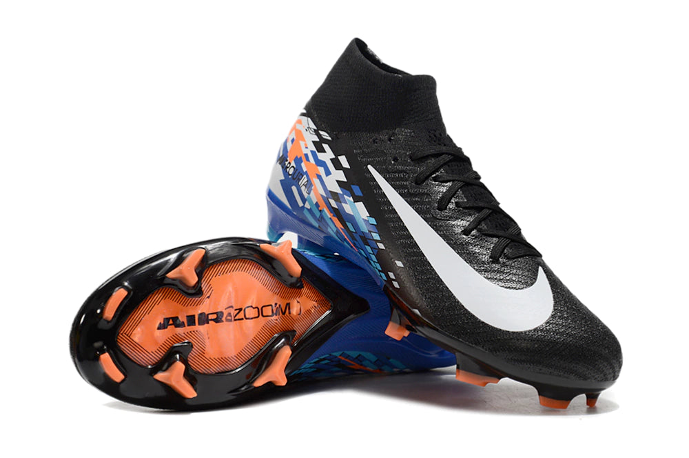 Chuteira Nike Air Zoom Mercurial Superfly 10 Elite Campo - Preto/Branco/Azul/Laranja