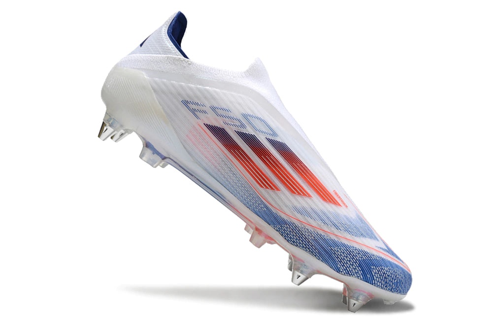 Chuteira Adidas F50 X Laceless Campo SG - Branco/Azul/Laranja