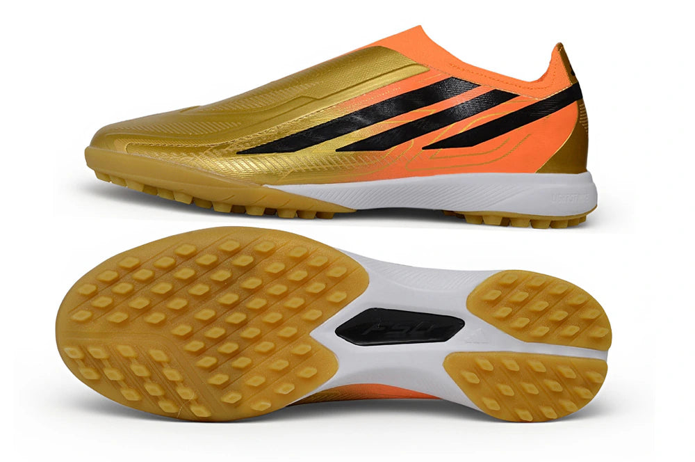 Chuteira Adidas F50 Hyperfast Laceless TF - Laranja/Dourda