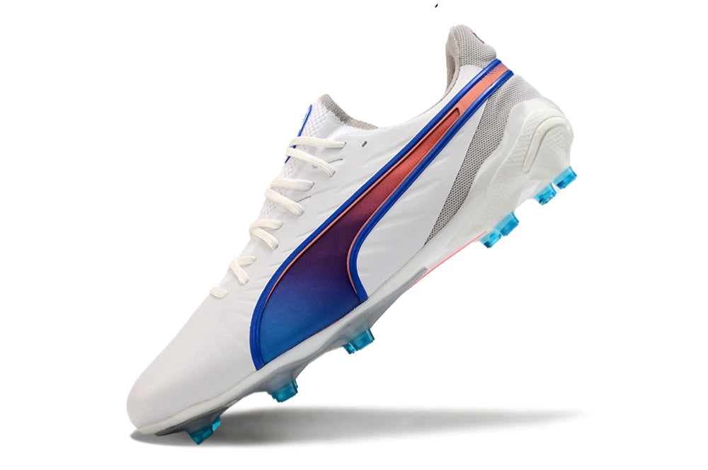 Chuteira Puma King Ultimate X FG - Branco/Azul/Laranja