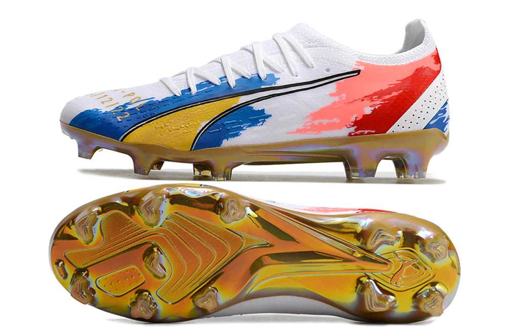 Chuteira Puma Ultra 5 Campo FG - Branco/Azul/Vermelho