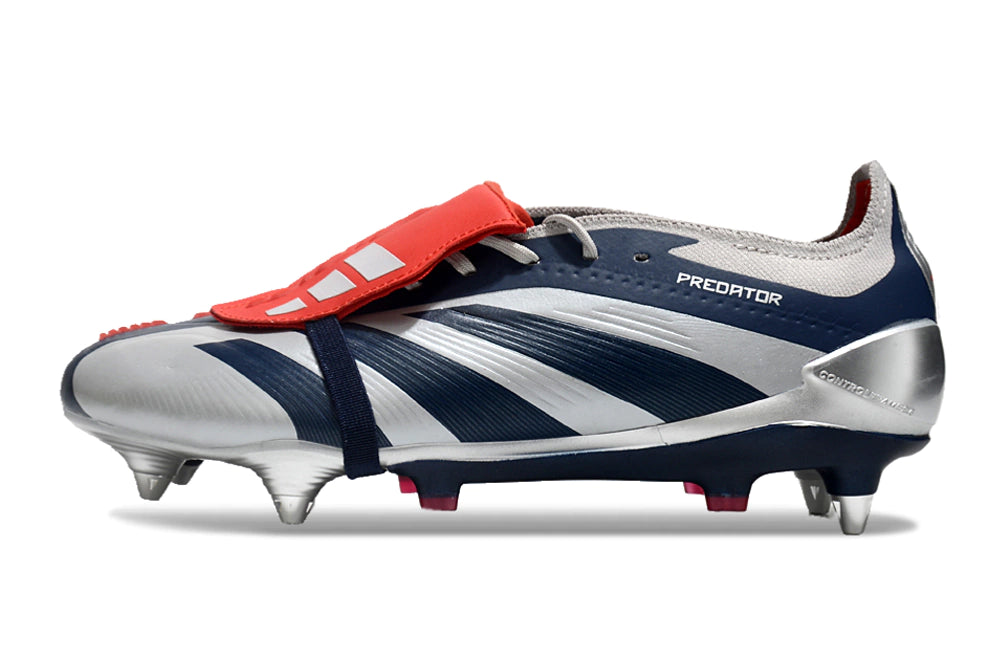 Chuteira Adidas Predator Elite Tongue SG - Prata/Azul Escuro/Vermelho