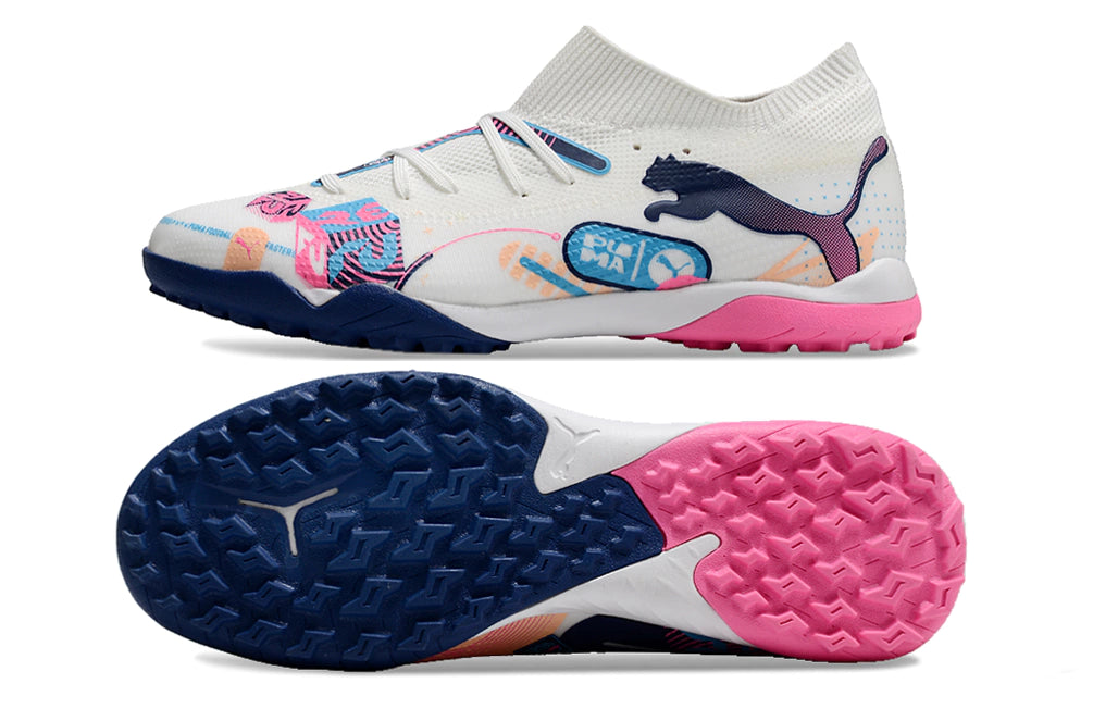 Chuteira Puma Future 7 Match Society - Branco/Rosa/Azul
