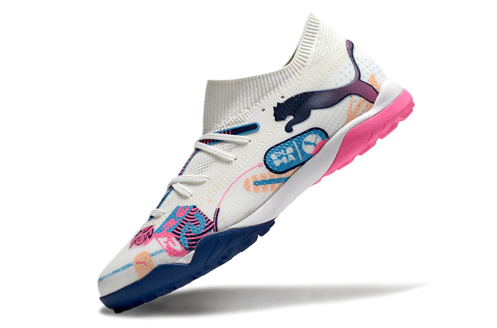 Chuteira Puma Future 7 Match Society - Branco/Rosa/Azul