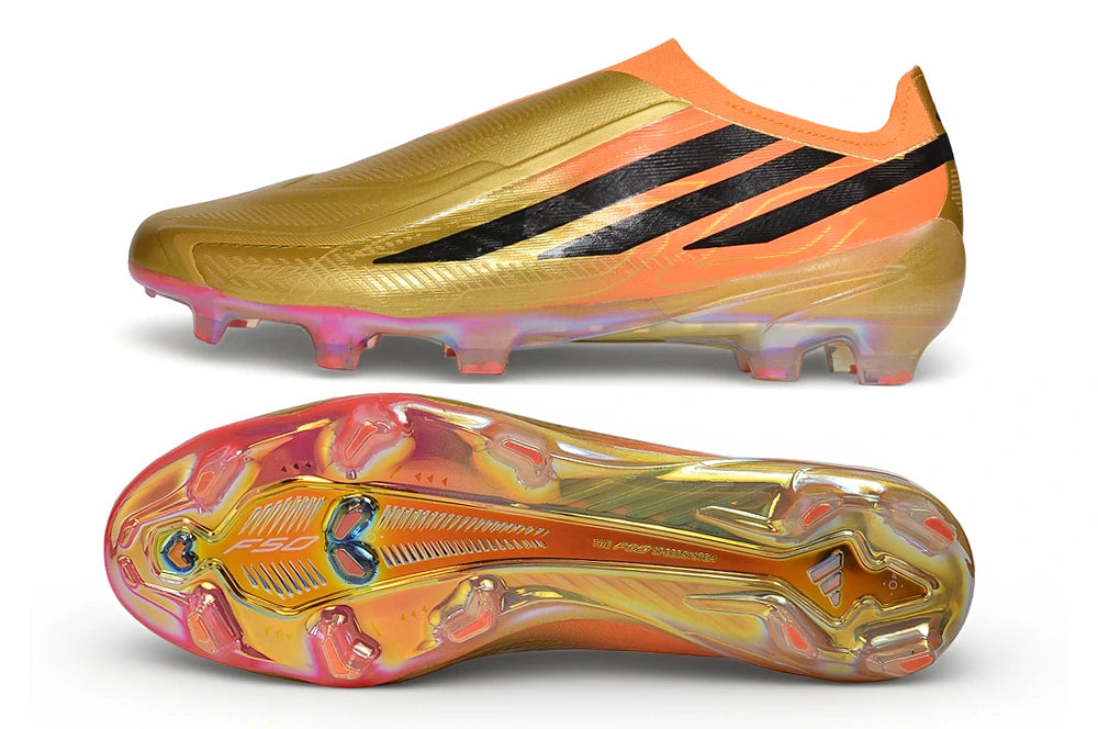 Chuteira Adidas F50 Hyperfast Laceless FG - Laranja/Dourada