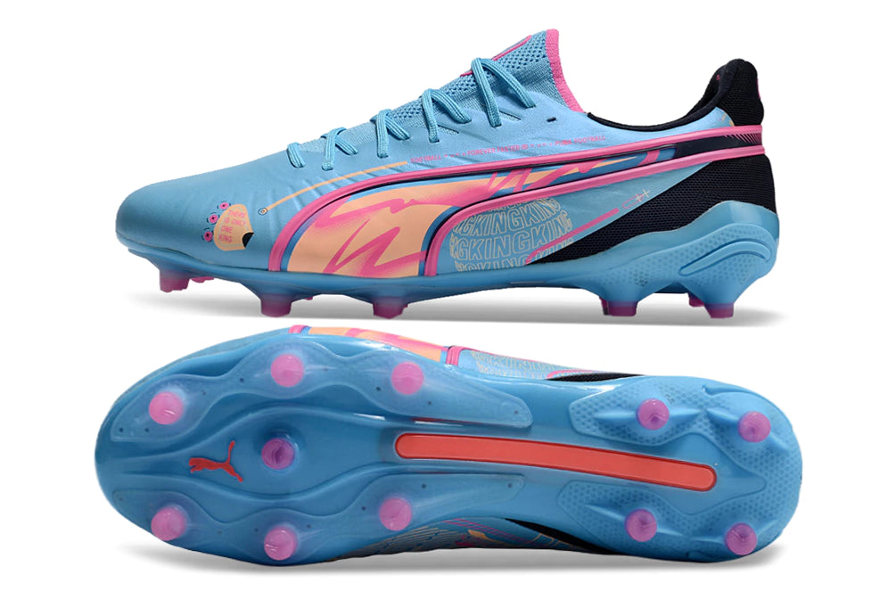 Chuteira Puma King Ultimate X FG - Azul/Rosa/Preto