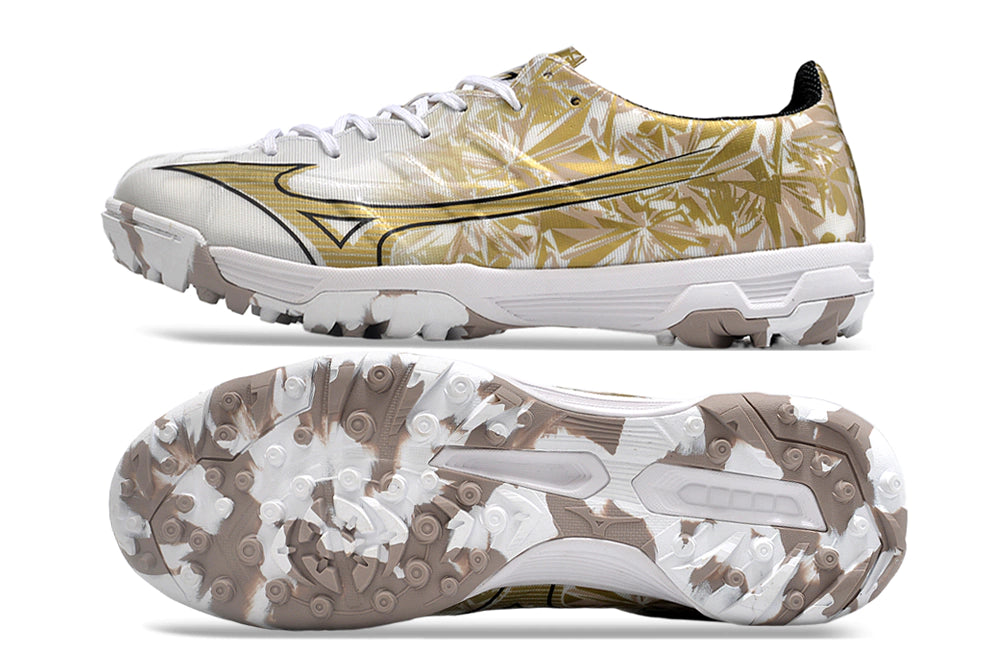Chuteira Mizuno Alpha Made in Japan Society - Dourado/Branco