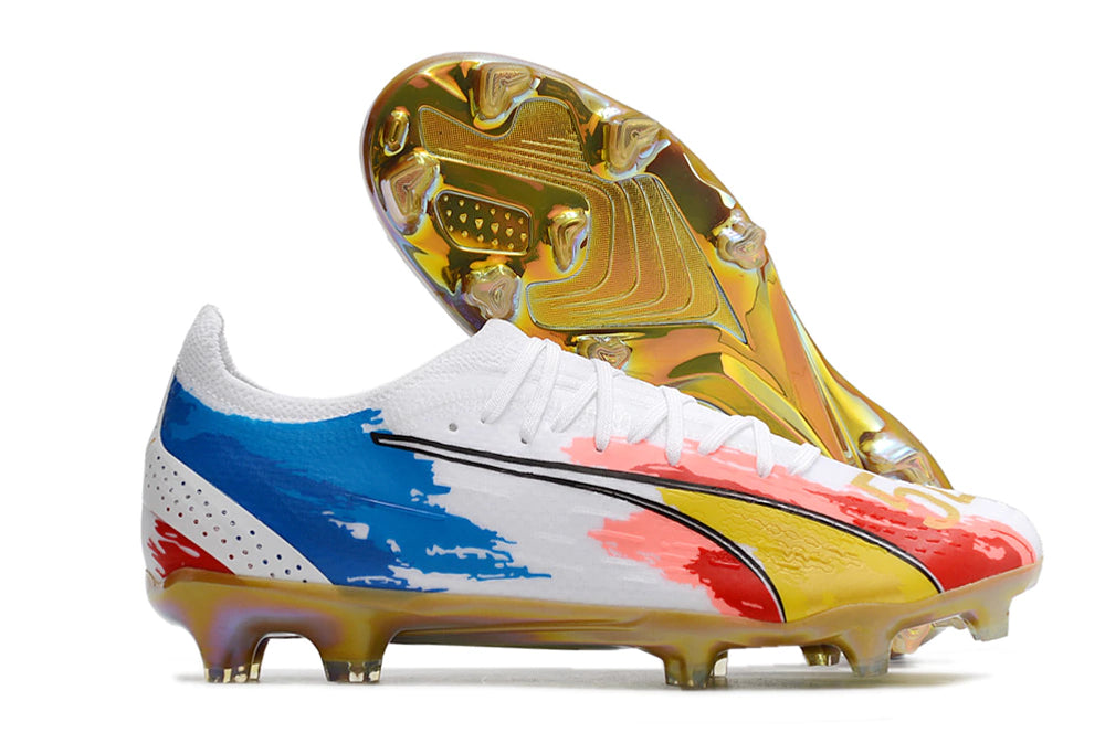Chuteira Puma Ultra 5 Campo FG - Branco/Azul/Vermelho