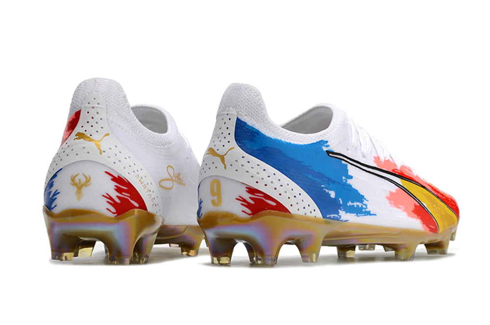 Chuteira Puma Ultra 5 Campo FG - Branco/Azul/Vermelho