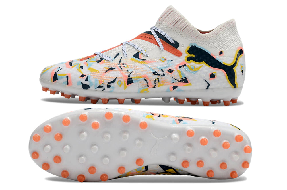 Chuteira Puma Future 7 Match MG - Branco/Laranja/Amarelo