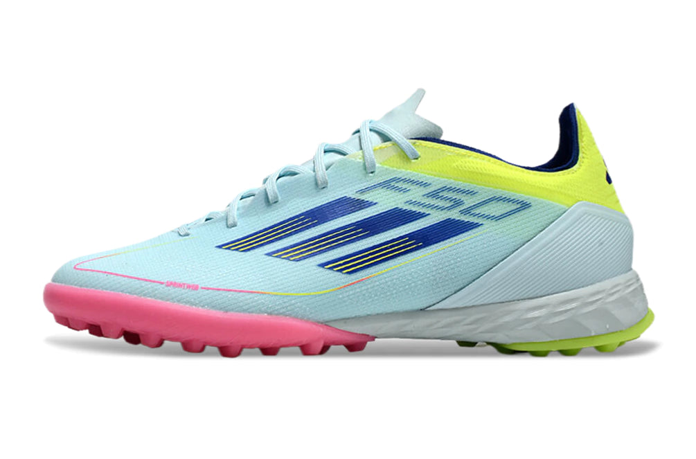 Chuteira Adidas X F50 Elite Society - Azul Claro/Rosa/Verde