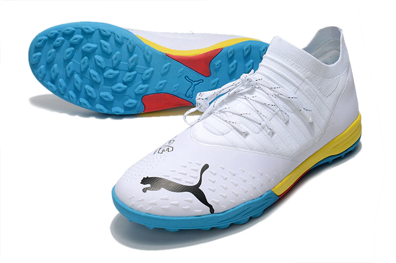 Chuteira Puma Future Z 1.4 Pro Cage Society - Branco/Amarelo/Azul