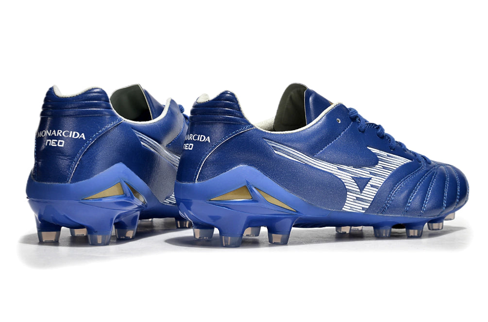 Chuteira Mizuno Morelia Neo 4 Campo - Azul/Branco/Dourado