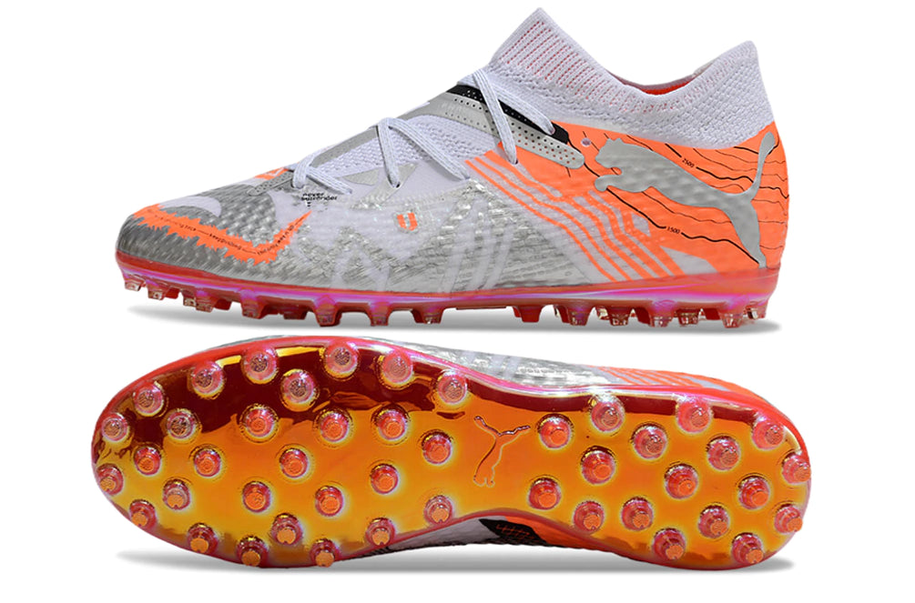 Chuteira Puma Future 7 Match MG - Cinza/Branco/Laranja