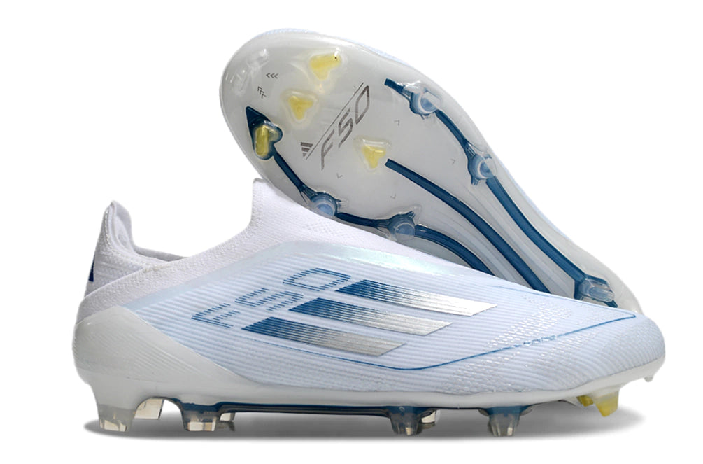Chuteira Adidas F50 X Laceless Campo - Branco/Prata/Azul
