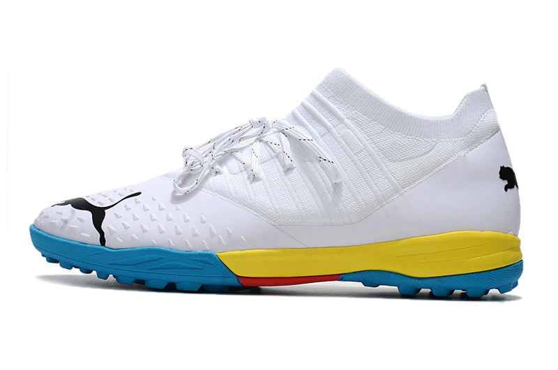 Chuteira Puma Future Z 1.4 Pro Cage Society - Branco/Amarelo/Azul